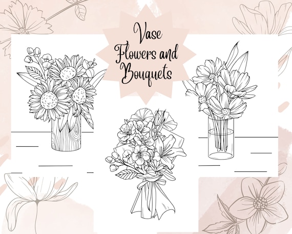 Vase Flowers and Bouquets Coloring Pages, Instant Download, 20 Printable Coloring Pages