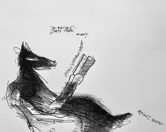 Lithograph of wolf reading: &quot;By Nature Poets&quot;, original art, limited edition artwork, signed by the artist, animal art, jkhallstudio