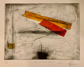 Original Intaglio Print: &quot;The Red Wheelbarrow&quot; Abstract Art, Signed