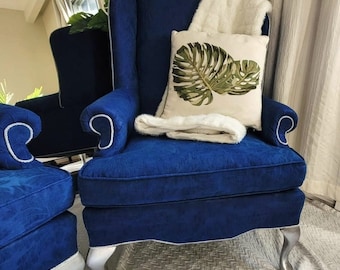 Upholstered Accent Chairs - Ornate Royal Blue Wingback Armchair