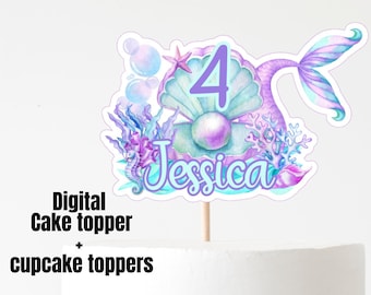 Adorno para tarta de sirena, adorno para tarta de La Sirenita, adorno para tarta bajo el mar, decoración para fiesta de cumpleaños de sirena en tonos pastel, fiesta temática de sirena