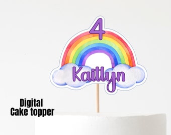 Adorno para tarta de arcoíris, adorno imprimible para tarta de arcoíris, fiesta de arcoíris, primer cumpleaños de arcoíris, cumpleaños de unicornio, adorno personalizado para tarta.