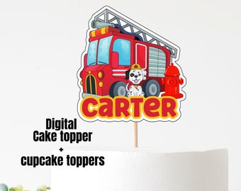 Firetruck digital cake topper, Fireman birthday theme, firetruck birthday decor, personalized firetruck cake, firefighter cupcake toppers