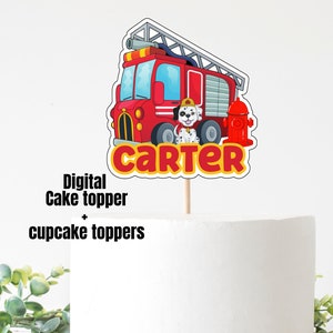 Firetruck digital cake topper, Fireman birthday theme, firetruck birthday decor, personalized firetruck cake, firefighter cupcake toppers