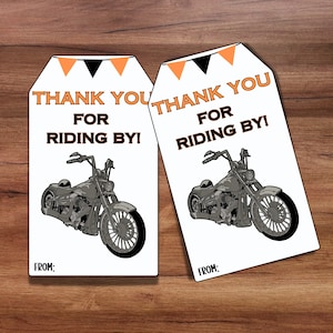 Etiqueta de agradecimento para motocicleta, obrigado por passar por aqui, etiquetas de agradecimento para Harley, festa temática de motocicleta, aniversário da Harley Davidson, motocicleta infantil