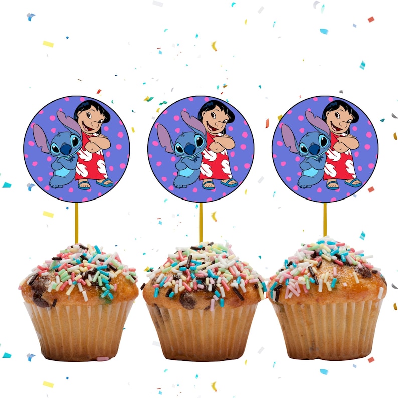 May include: Three cupcakes with colorful sprinkles, each topped with a round image of Lilo and Stitch. The toppers are on gold sticks. The cupcakes are on a white background with confetti.