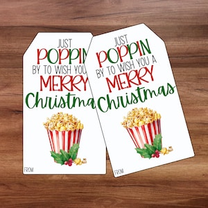 Druckbare Popcorn Frohe Weihnachten Geschenkanhänger, kommen nur vorbei, um Ihnen eine frohe Weihnachten zu wünschen, Nachbar Geschenkanhänger, Weihnachtsfreude für Nachbar