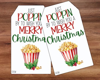 Printable Popcorn Merry Christmas Gift Tag, Just Popping By to Wish You A Merry Christmas, Neighbor Gift Tag, Christmas Treat For Neighbor