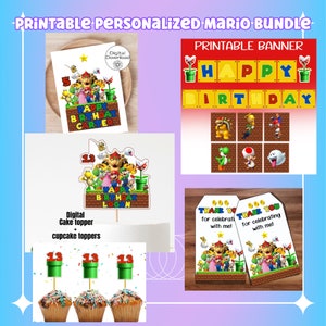 Digital Super MARIO Bros Brothers Luigi Bundle, Geschenkanhänger, Mario und Freunde Banner, Mario Mottoparty, Bowzer Cake Topper, Partygeschenke