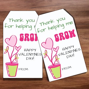 May include: Two white gift tags with a green and pink floral design. The tags read "Thank you for helping me GROW" and "Happy Valentines Day!" with space to write "From:"