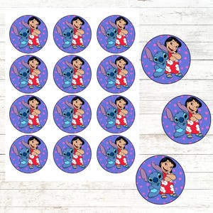 May include: Circular stickers featuring the characters Lilo and Stitch from the Disney movie. The stickers have a purple background with pink hearts. Lilo is wearing a red dress, and Stitch is blue.