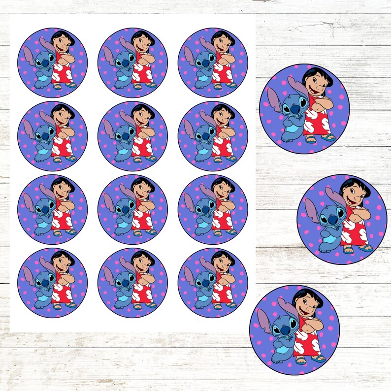May include: Circular stickers featuring the characters Lilo and Stitch from the Disney movie. The stickers have a purple background with pink hearts. Lilo is wearing a red dress, and Stitch is blue.