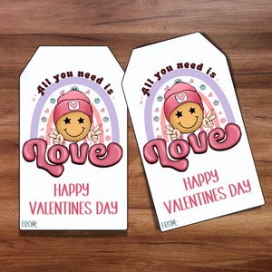 Étiquette Tout ce dont vous avez besoin, c'est de l'amour, cadeau de la Saint-Valentin pour les étudiants, étiquette de la Saint-Valentin pour les collègues, étiquette rétro de la Saint-Valentin, Smiley Saint-Valentin