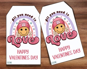 All You Need Is Love tag, Valentine Gift for Students, Valentine Tag for coworkers, Retro Valentine Tag, Smiley Valentine
