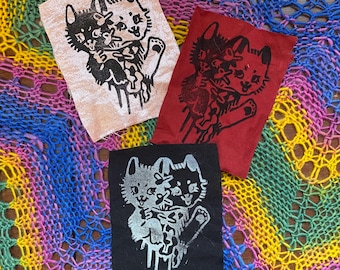 Conjoined Cats Linocut Printed Patches