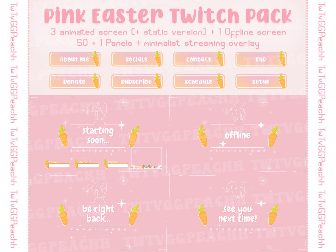 Animated Pink Easter Bunny Stream Overlay, Twitch Pack Overlay for