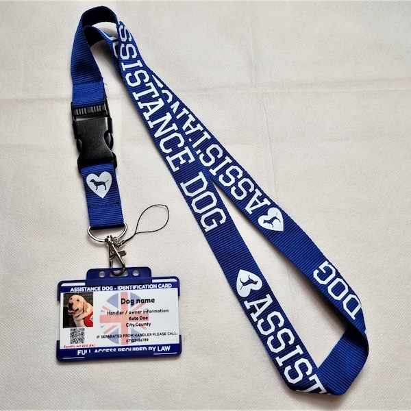 Blue Assistance Dog UK Law Card with Equality & Human Rights Commission Guide QR Code and lanyard