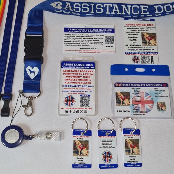 Personalized Assistance Dog Card-Pet Identification -3 X Personalized Dog tags-2 Assistance dog law cards-Lanyards and accessories