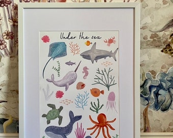 Under The Sea Nursery Wall Art Print A3 | Baby nursery print | Kids room print | Gender neutral | Animal print wall art | Nursery decor