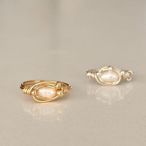 Wire Wrapped Pearl Ring, 14K gold plated, Dainty pearl ring, Handmade Minimalist Statement Ring, Gold or Silver Wire Jewelry, Gift for Her