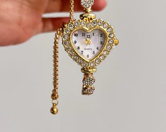 Heart Shaped Gold Watch Bracelet, Crystal Embellished Quartz Timepiece