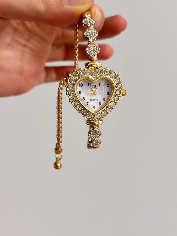 Heart Shaped Gold Watch Bracelet, Crystal Embellished Quartz  display picture 3