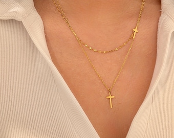 18K Gold Plated Cross Necklace, Stainless Steel Layering Chain