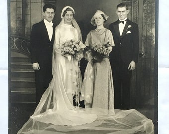 1936 Wedding Photo, Bride Groom Maid of Honor Best Man, Authentic Vintage