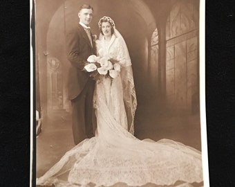 Authentic Vintage Wedding Photo Bride & Groom 1930s? Calla Lilies Sepia | Junk Journal Smash Book Scrapbooking Mixed Media Frameable Collage