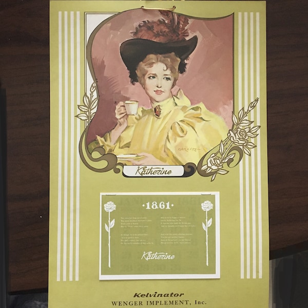 1861 Reproduction Calendar, Kelvinator, Victorian Woman Katherine | 5 Dollar Gifts