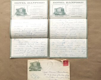 1926 Letter Hotel Hanford Letterhead Stationery Mason IA to Trenton NJ Original Handwritten, Envelope Canceled Stamp |Junk Journal Frameable