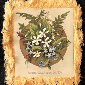 Victorian Birthday Card Gold Silk Fringe, 2-Sided, Antique 1800s, Flowers, Bouquets|Junk Journal Collage Mixed Media Scrapbook Smash Book