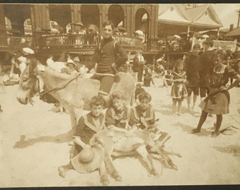 Authentic Antique Photo Victorians on Beach Swimsuits Bathing Suits Donkeys Atlantic City NJ |Junk Journal Smash Book Scrapbook Mixed Media