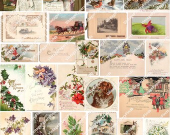 DIGITAL Vintage Christmas Postcards, New Years Postcards, Printable Ephemera