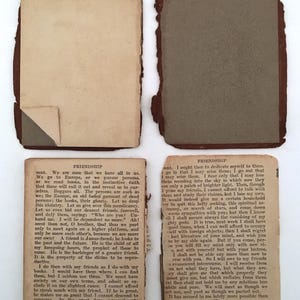 May include: Four antique book pages with aged paper and visible text. The pages are from a book titled "Friendship", with the text clearly visible. The pages have a worn, vintage appearance, with a torn edge on one page.