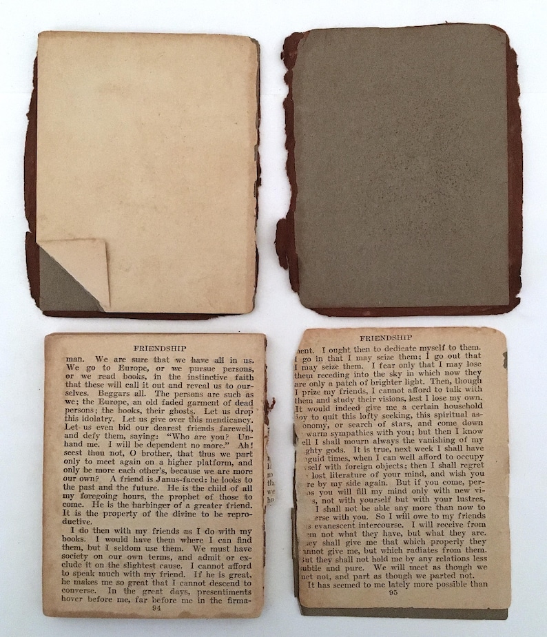 May include: Four antique book pages with aged paper and visible text. The pages are from a book titled "Friendship", with the text clearly visible. The pages have a worn, vintage appearance, with a torn edge on one page.