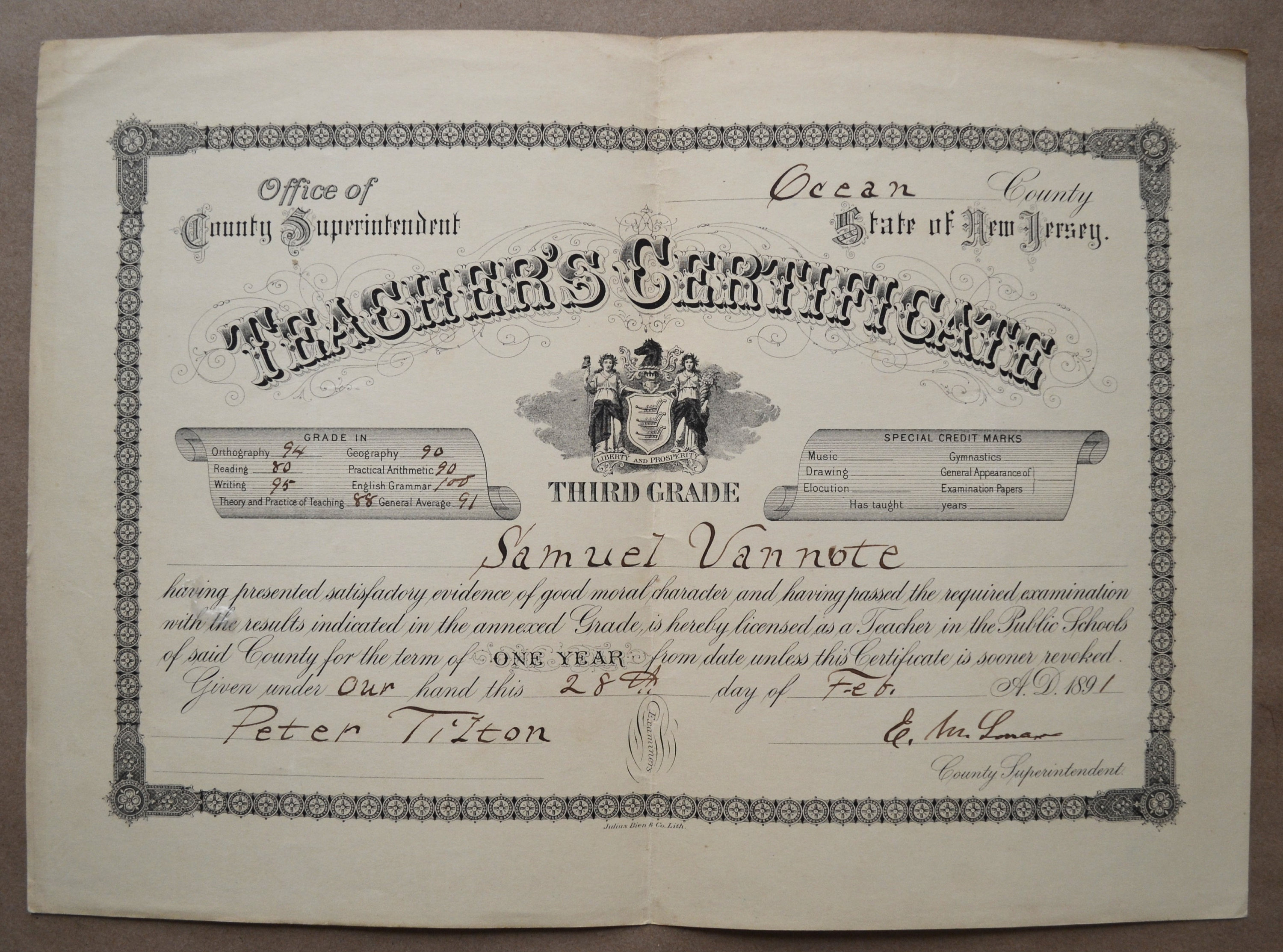 May include: A vintage teacher's certificate from Ocean County, New Jersey, dated February 28, 1891. The certificate is awarded to Samuel Vannote for the Third Grade and is signed by Peter Tilton, County Superintendent.