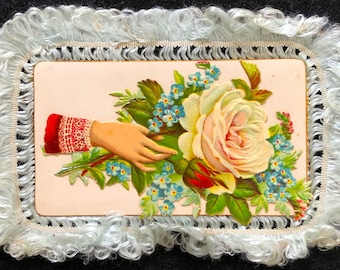Victorian Calling Card Blue Silk Loop Fringe, Hand, Flowers, Rose, Gilt Edge, Antique