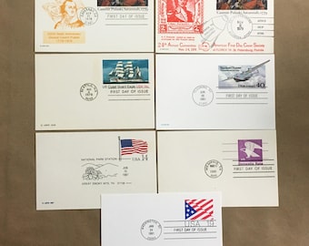 7 Vintage First Day Issue Postcards USA, 1978-1991, UNUSED | Junk Journal Mixed Media Smash Book Scrapbook Collage Craft Supplies, History