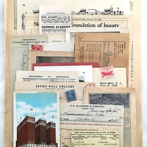 May include: A collection of vintage ephemera, including newspaper clippings, postcards, and documents. The items feature text, stamps, and a postcard of a building with American flags. The papers are aged with a variety of fonts and styles.