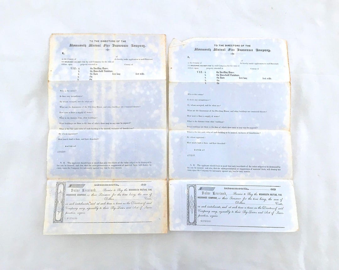 Original 1850s Blank Insurance Forms, Monmouth Mutual Fire Insurance ...