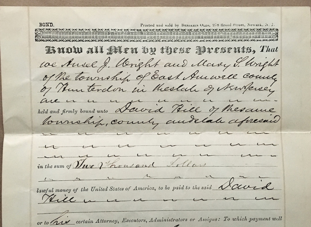 Antique 1856 Bond, Legal Document, East Amwell, Hunterdon NJ Wright to