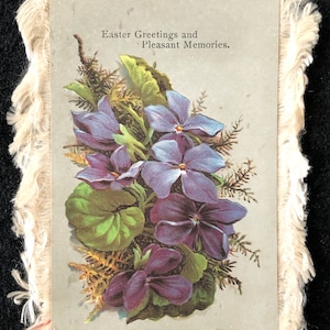 Victorian Easter Card Cream Silk Fringe, 2-Sided, Antique 1800s, Flowers, Bouquets | Junk Journal Collage Mixed Media Scrapbook Smash Book