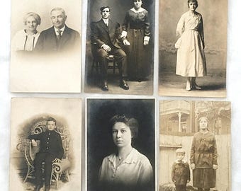 6 Authentic Antique Photo Postcards RPPC, Edwardian Men, Women, Children | Old Ephemera Paper, Frameable