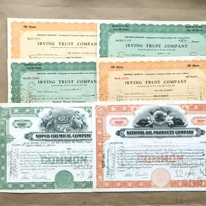 1920s & 1940s Stock Certificates, Orange, Green, Antique / Vintage Nopco, National Oil, Irving Trust | Junk Journal Collage Mixed Media+