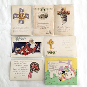 7 Easter Postcards 1919 1920s 1940s|Authentic Antique & Vintage, Non-Religious, Religious, Cross Bunny Rabbit Flowers Chicks Canceled Stamps