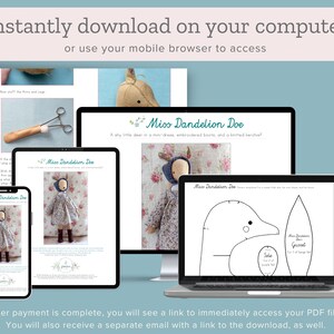 May include: A digital illustration of a shy deer doll pattern. The pattern includes a dress, embroidered boots, and a knitted scarf. The image shows a computer screen, a tablet, and a smartphone displaying the pattern.
