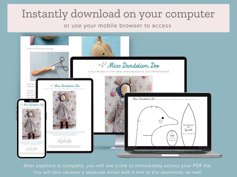 May include: A digital illustration of a shy deer doll pattern. The pattern includes a dress, embroidered boots, and a knitted scarf. The image shows a computer screen, a tablet, and a smartphone displaying the pattern.