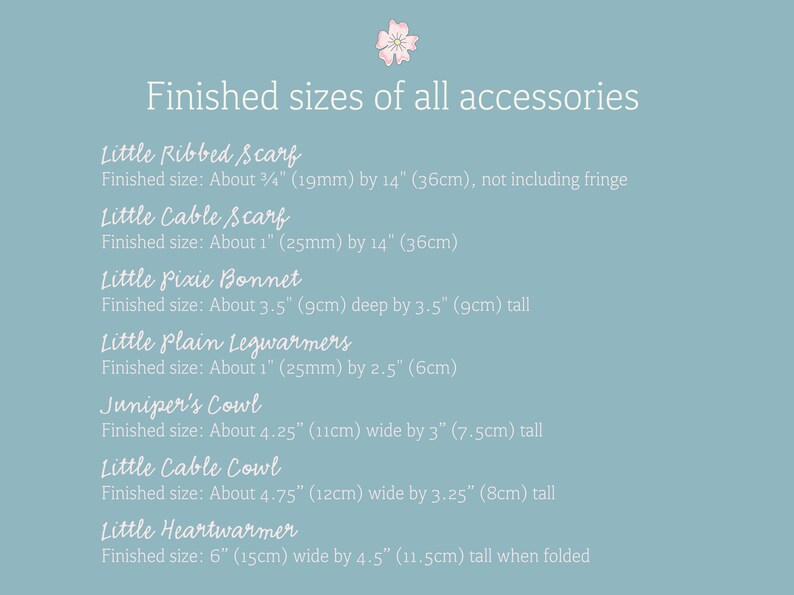 K&ouml;nnte beinhalten: Eine Tabelle mit den fertigen Gr&ouml;&szlig;en verschiedener gestrickter Accessoires, darunter ein Rippenschal, ein Kabelschals, eine Pixiem&uuml;tze, einfache Beinw&auml;rmer, ein Juniper-Schal, ein Kabelschals und ein Herzw&auml;rmer. Die Ma&szlig;e sind in Zoll und Zentimetern angegeben.