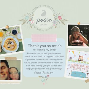 May include: A collage of images featuring a handwritten message that says "Thank you so much for visiting my shop!" with a floral border. The message is surrounded by four images: a plate of pancakes with blueberries, a couple smiling at the camera, a young girl holding a cake, and a cross-stitch pattern of a house with a garden.